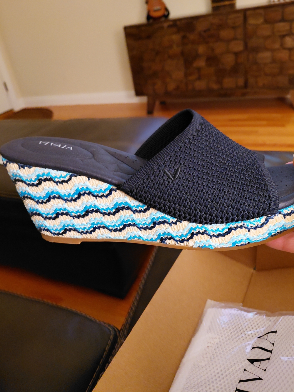 Vivaia Navy Wedge Slide with Blue & Cream Patterned Espadrille